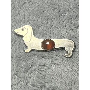 Vintage Dachshund Dog Brooch Silver Tone Amber Cabochon Figural Pin 2.25in
